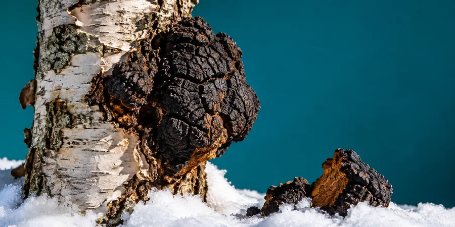 Ein Chaga-Pilz wächst an einem Birkenstamm im Winterwald