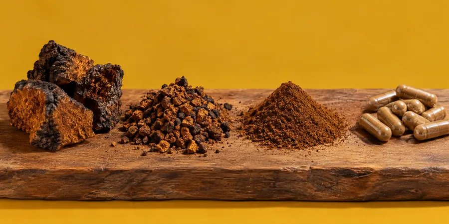 Chaga als Brocken, grob gemahlen, als Pulver und in Kapseln auf einem Holzbrett