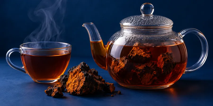 Chaga-Tee in einer Glaskanne mit Chaga-Stücken und einer Tasse
