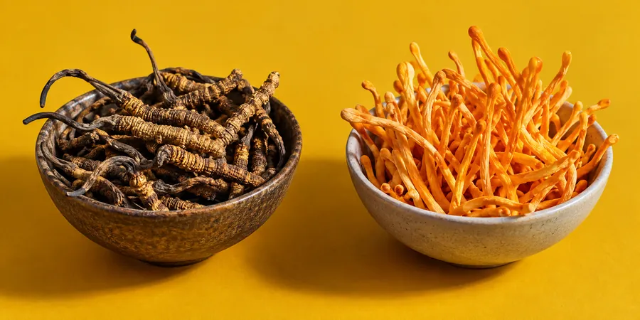 Zwei Schalen mit getrocknetem Cordyceps sinensis und orangefarbenem Cordyceps militaris
