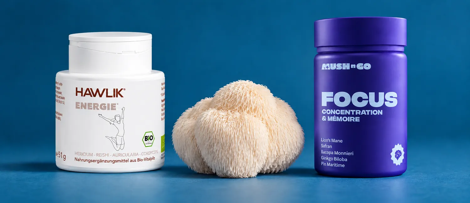 Bio-Vitalpilzmischung von Hawlik neben Focus von Mush N Go mit getrockneten Pilzen