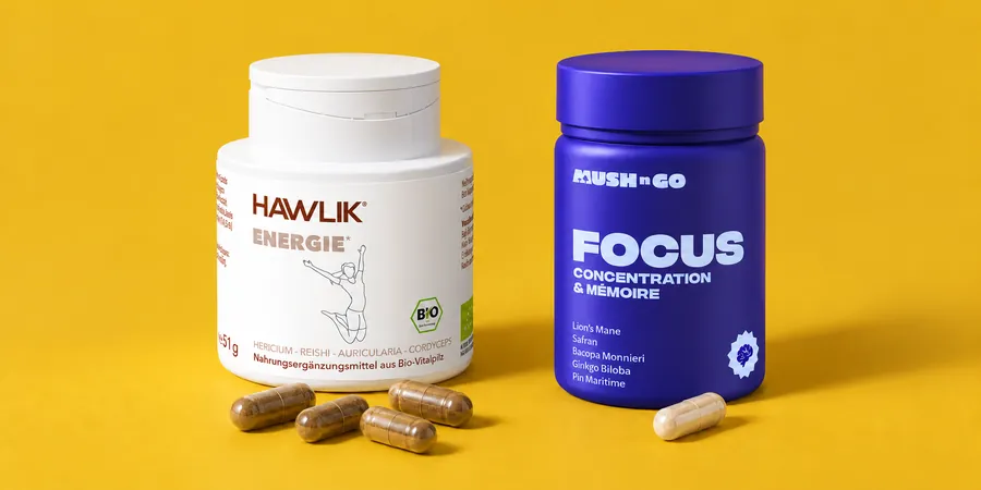 Hawlik Bio-Vitalpilzmischung und Focus von Mush N Go mit je einer Tagesportion Kapseln