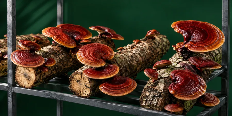 Reishi-Fruchtkörper wachsen auf Holzstämmen in einem Gewächshaus