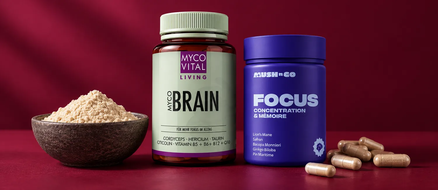 MycoBrain von MycoVital neben Focus von Mush N Go mit Pilzpulver und Kapseln