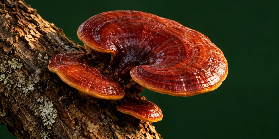 Ein glänzender Reishi-Pilz wächst an einem Eichenstamm