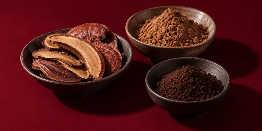 Reishi in Scheiben, als Pulver und als Sporenpulver in drei Schalen