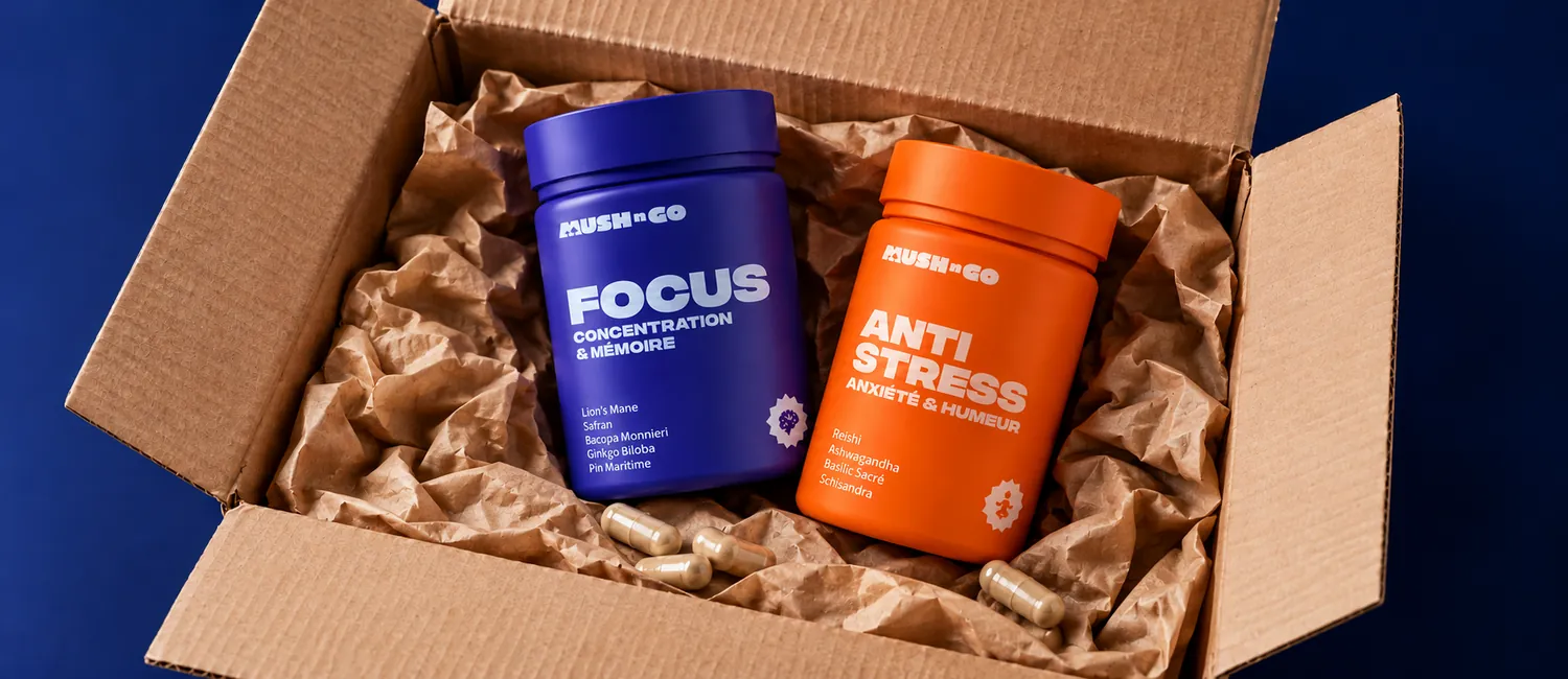 Focus und Anti-Stress von Mush N Go in einem geöffneten Versandkarton mit Kapseln