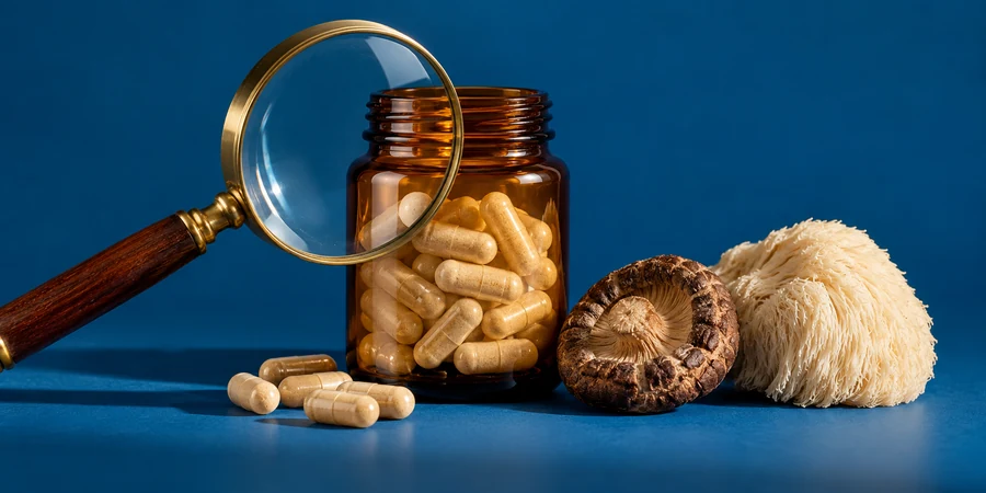 Eine Lupe über einem unbeschrifteten Braunglas mit Kapseln neben getrockneten Vitalpilzen