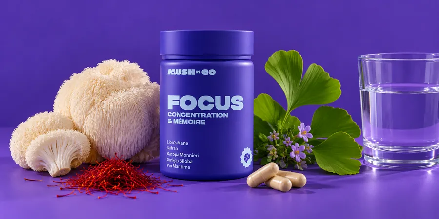 Focus von Mush N Go mit Kapseln und einem Glas Wasser
