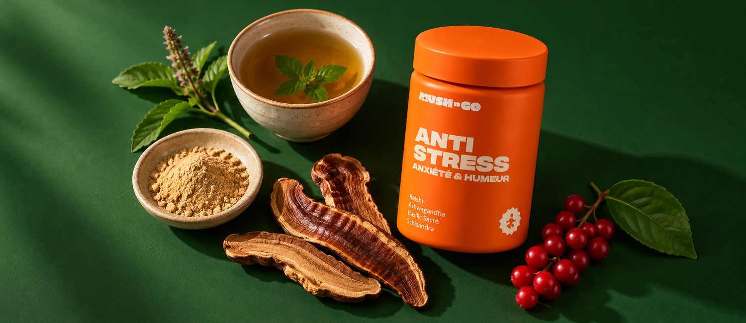 Anti-Stress von Mush N Go mit Reishi-Scheiben, Ashwagandha-Pulver, Tulsi-Tee und Schisandra-Beeren