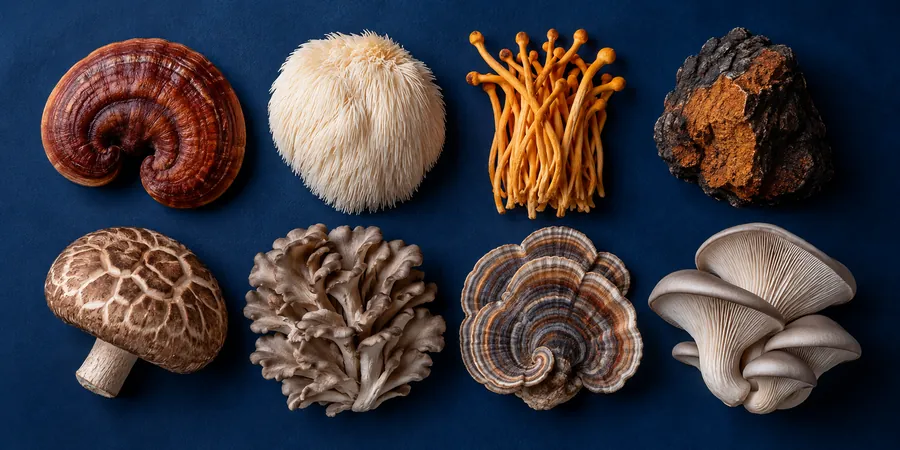 Acht Vitalpilze nebeneinander: Reishi, Igelstachelbart, Cordyceps, Chaga, Shiitake, Maitake, Schmetterlingstramete und Austernpilz